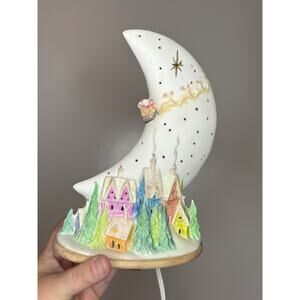 Vintage Christmas Light Up Crescent Moon Santa Village Porcelain Ceramic Works!